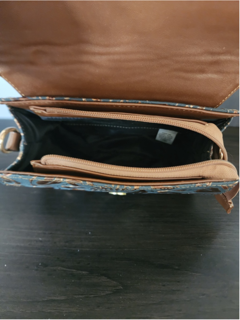 Grayish Navy Blue GOLD Sunflower Embossed Tooled Artisan Leather Crossbody Purse - Picture 12 of 16